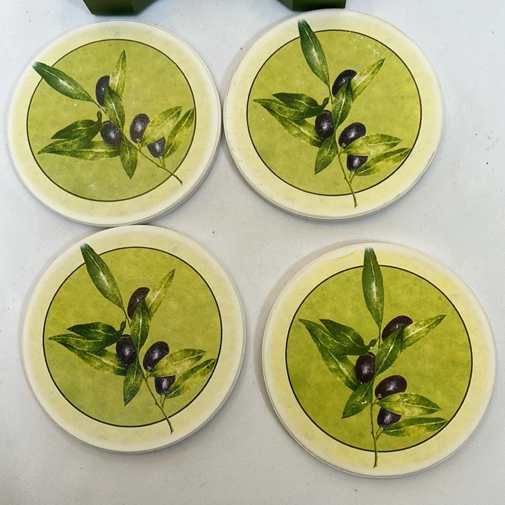 Sandstone Coasters with Olive Leaf Design and Green Wooden Holder-Set of 4